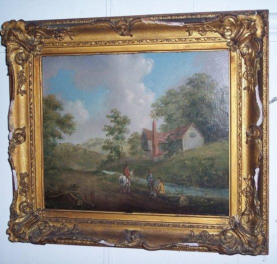 Appraisal: English School th CenturyFigures Beside a Stream with farm in