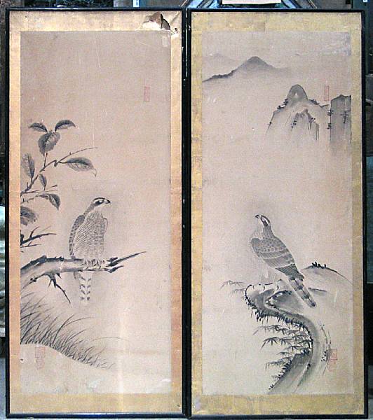 Appraisal: Artist unknown Edo Period Hawks Two mounted and framed panels