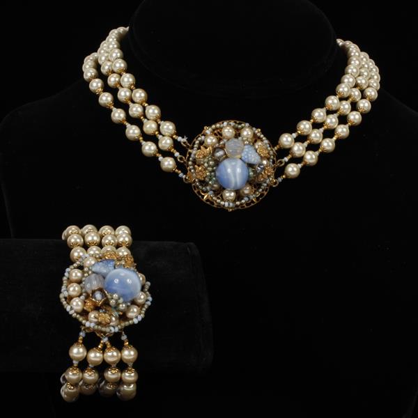 Appraisal: Miriam Haskell pc multi-strand pearl necklace bracelet with blue glass