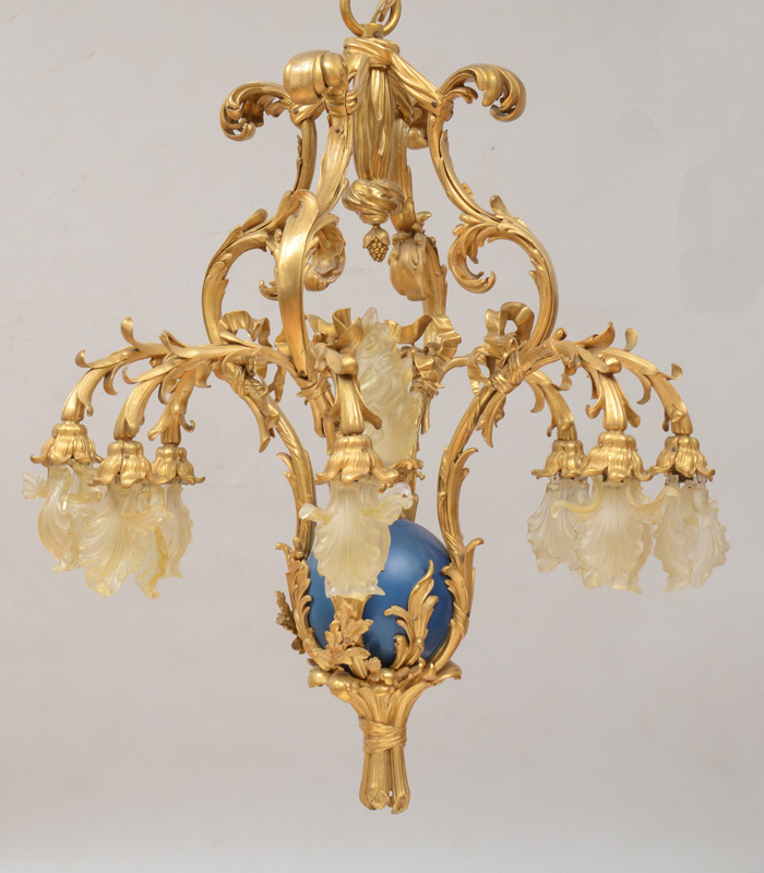 Appraisal: PAIR OF LOUIS XV STYLE BLUE-ENAMEL AND GILT-BRONZE EIGHT-LIGHT CHANDELIERS