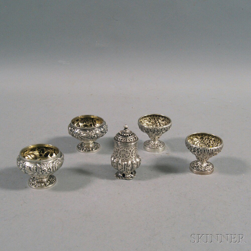 Appraisal: Four Repousse Sterling Silver Master Salts and an Unmarked Pepper