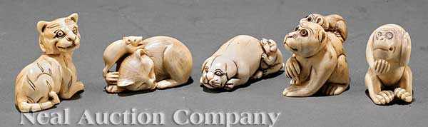 Appraisal: A Group of Five Japanese Ivory Animal Netsuke including a