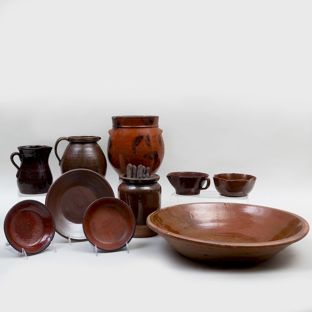 Appraisal: Group of Ten American Redware Pottery Tablewares Comprising Two jugs