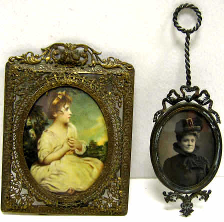 Appraisal: TWO VINTAGE MINIATURE PORTRAITS A girl in landscape painted on