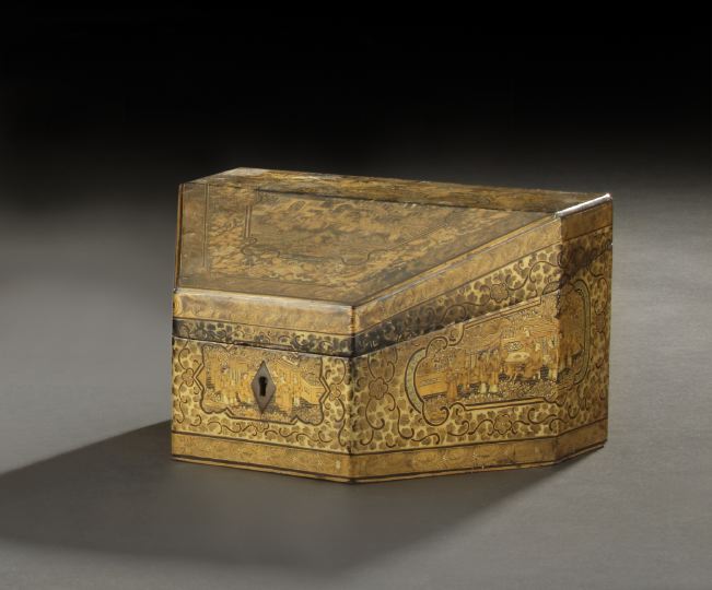 Appraisal: Unusual Chinese Export Deux-Couleur-Gilded Black Lacquer Polygonal Slant-Front Stationery Box