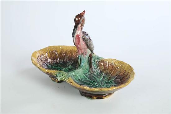 Appraisal: MAJOLICA CENTER BOWL Double dish leaf decorated bowl with standing