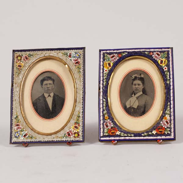 Appraisal: Pair Victorian portrait photographs in Italian micro mosaic frames Marked