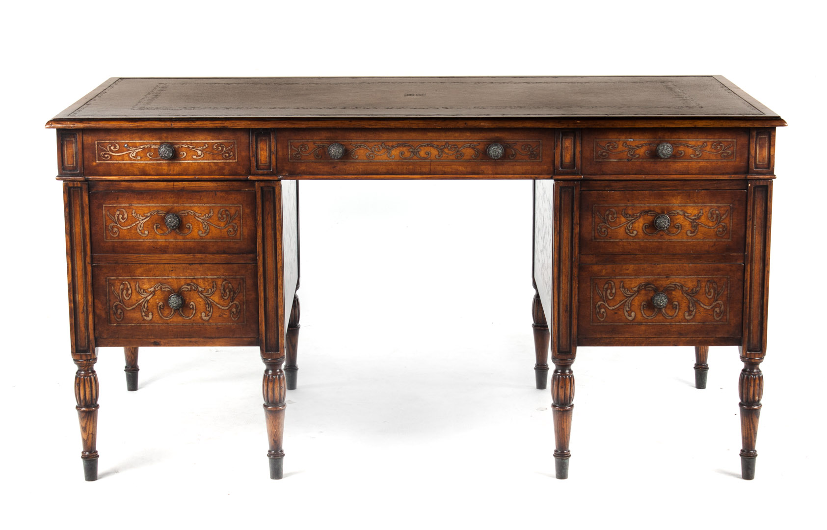 Appraisal: Edwardian style oak partner's desk inset tooled leather top brass