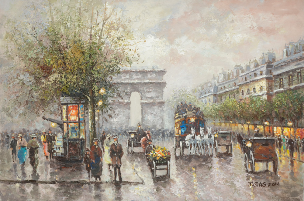 Appraisal: PARISIAN STREET SCENE PAINTING J GASTON Oil Canvas '' x