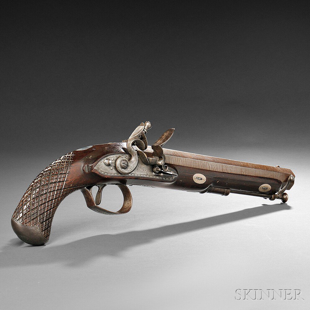 Appraisal: Prosser Flintlock Pistol c early th century walnut stock with