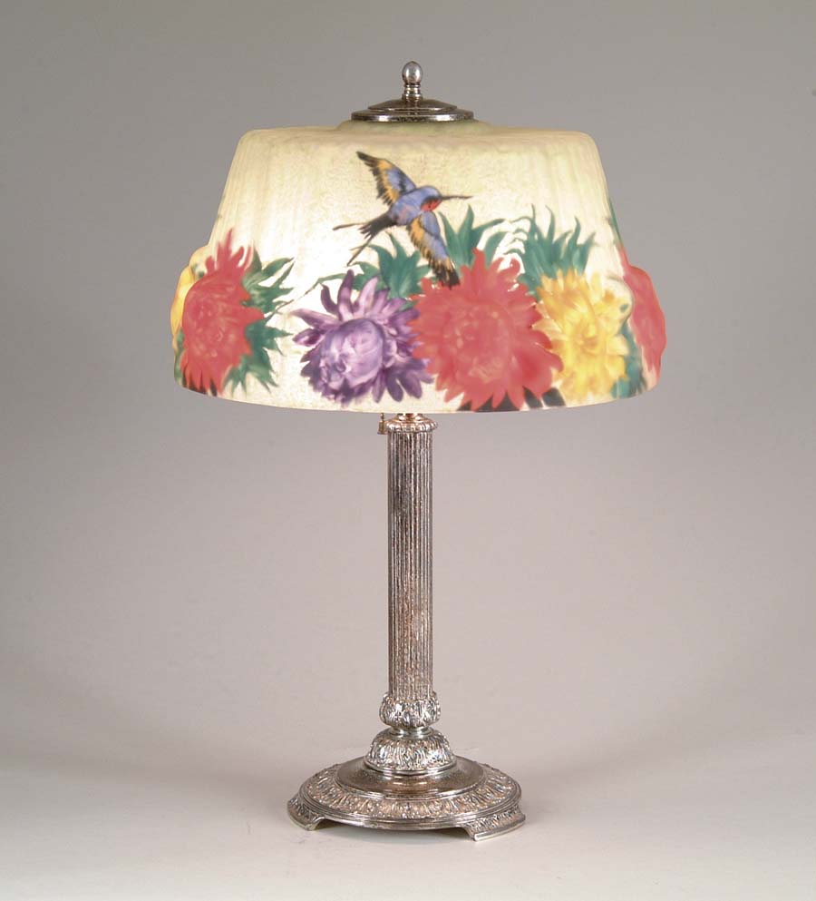 Appraisal: PAIRPOINT HUMMINGBIRD AND CHRYSANTHEMUM LAMP The Stratford shade begins with