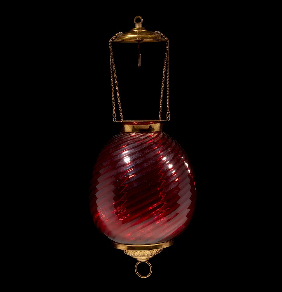 Appraisal: Cranberry Glass Hanging Kerosene Lamp Kerosene hanging hall lamp brass