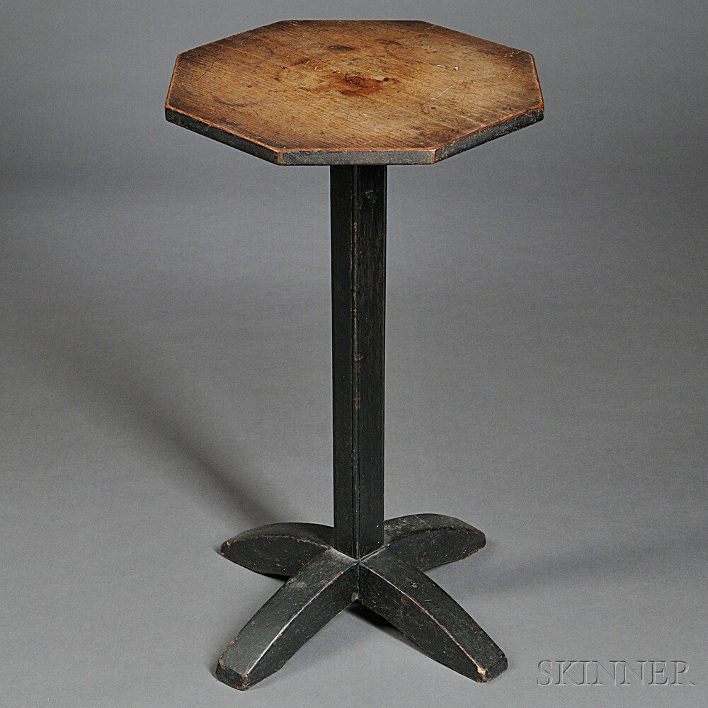 Appraisal: Black-painted Pine Candlestand New England th century octagonal top on