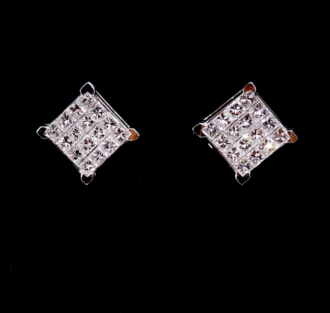 Appraisal: K DESIGNER MARKED DIAMOND EAR STUDS square brilliant cut diamonds