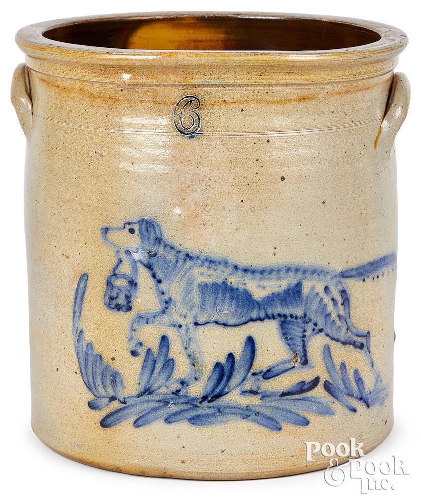 Appraisal: Six-gallon stoneware crock cobalt dog basket Six-gallon stoneware crock th