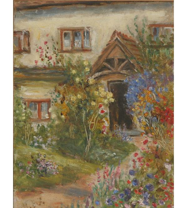 Appraisal: English cottage garden oil on board x illegibly signed lower