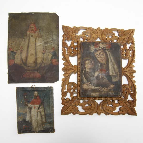 Appraisal: RETABLOS Three retablos of religions figures on tin or wood