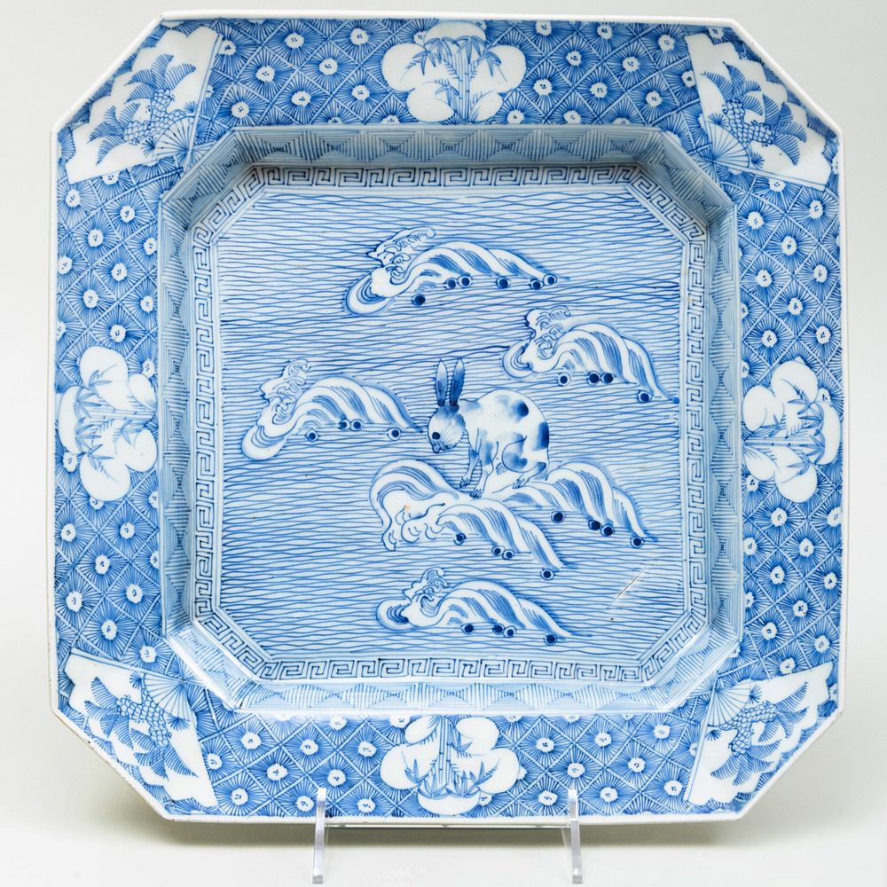 Appraisal: Chinese Blue and White Porcelain Shaped Square Platter Unmarked x