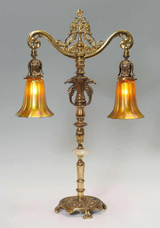 Appraisal: REMBRANDT BRASS TABLE LAMP WITH QUEZAL SHADES Brass Rembrandt base