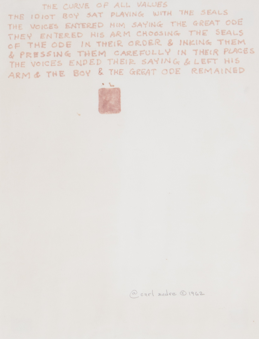 Appraisal: Attributed to Carl Andre Red Poem ink on paper American