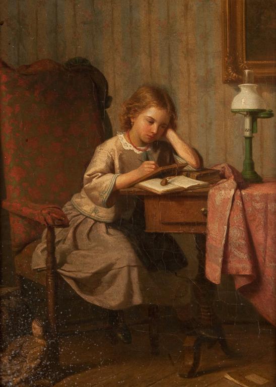 Appraisal: American School th century Girl Studying at Table oil on