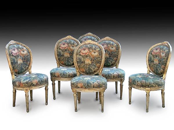 Appraisal: A set of six Italian Neoclassical parcel gilt green painted