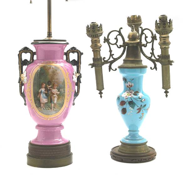 Appraisal: A group of two overpainted porcelain vases now as lamps