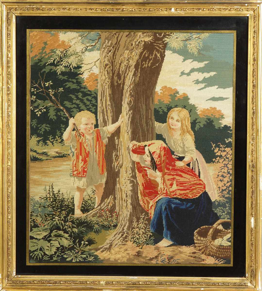 Appraisal: Mid th Cent Needlework of Mother Children in Landscape Condition