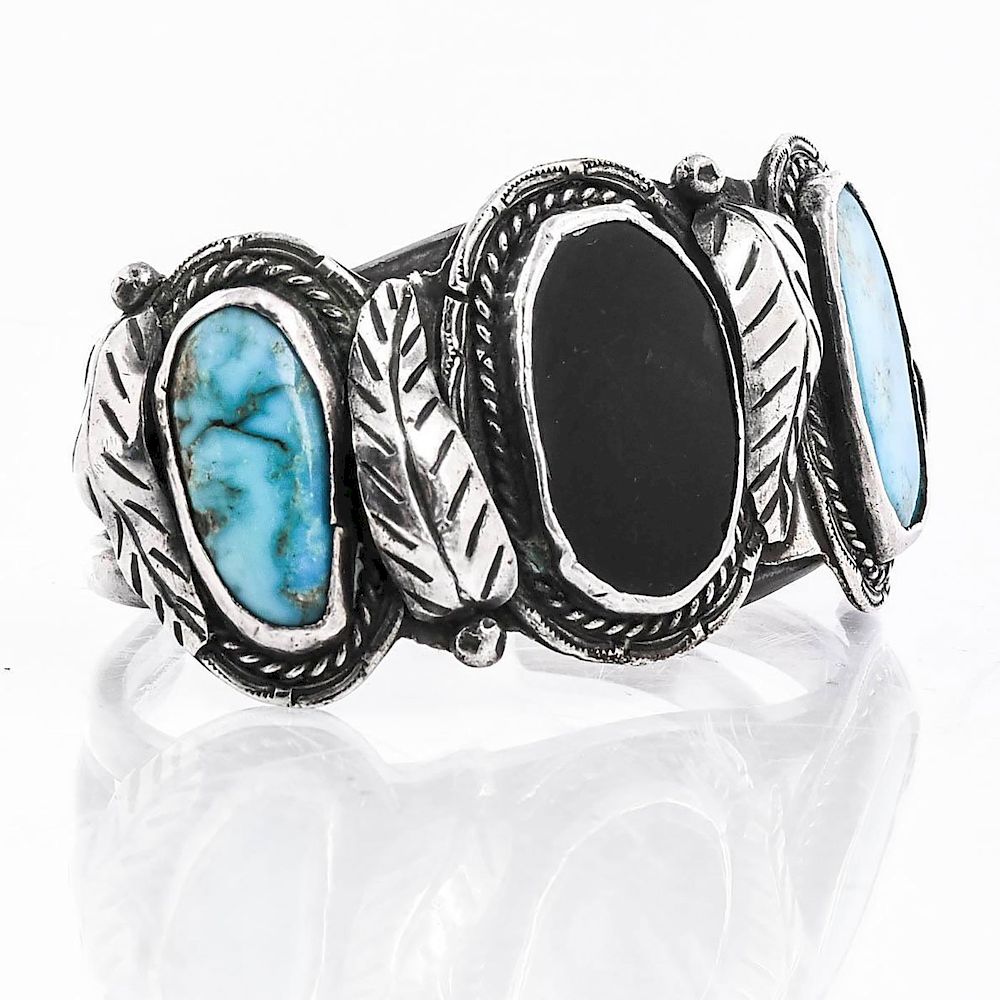 Appraisal: NATIVE AMERICAN SILVER TURQUOISE AND OBSIDIAN CUFF Bracelet stamped maker's