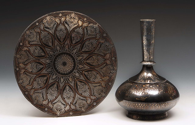 Appraisal: An Indian Bidri flask th Centuryinlaid with birds and foliage