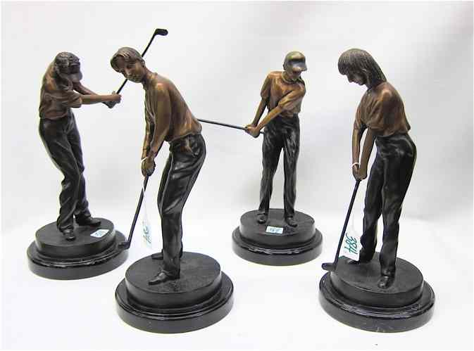 Appraisal: FOUR BRONZE SCULPTURES depicting a family of golfers father mother