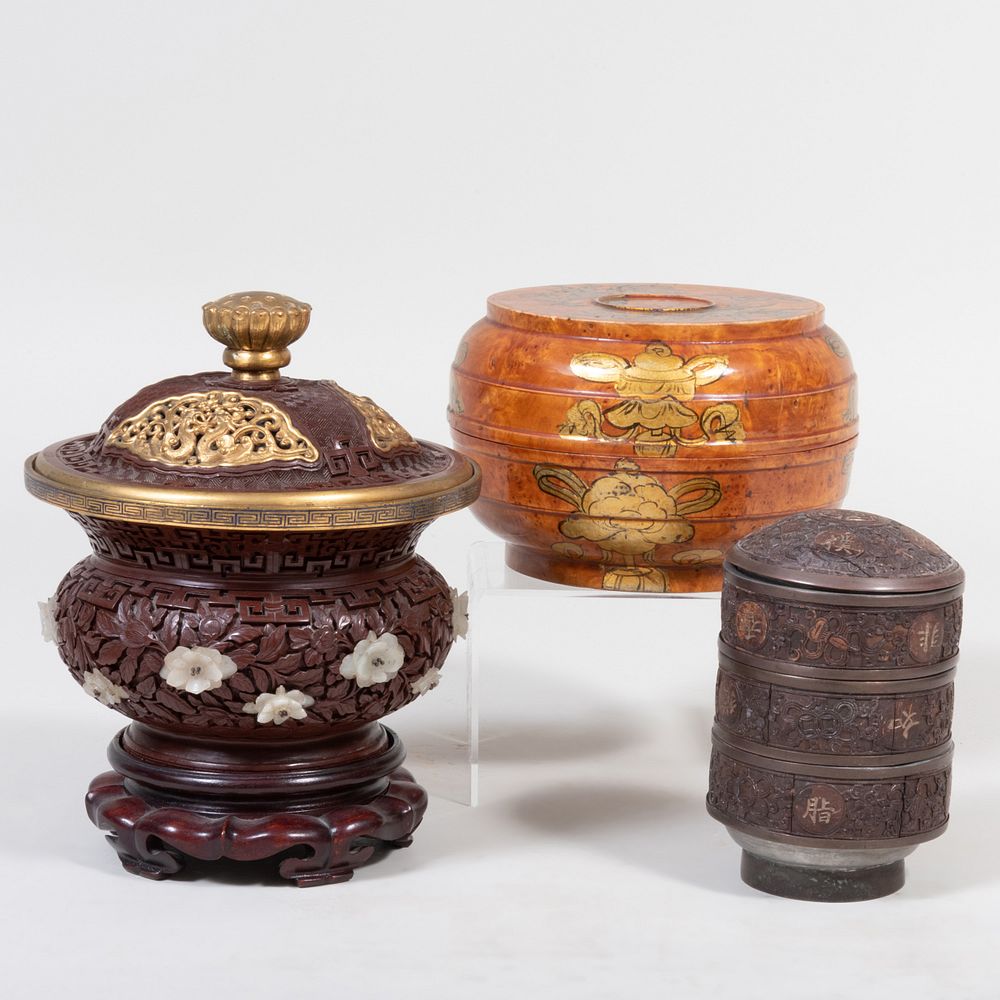 Appraisal: Three Chinese Vessels Comprising A lacquer metal censer and cover