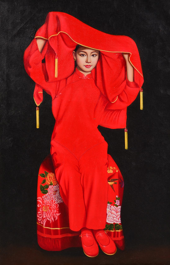 Appraisal: CONTEMPORARY CHINESE PAINTING OF A YOUNG BEAUTY IN RED Oil