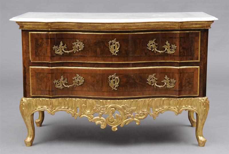 Appraisal: DANISH ROCOCO ORMOLU-MOUNTED WALNUT AND PARCEL-GILT CHEST ON LATER STAND