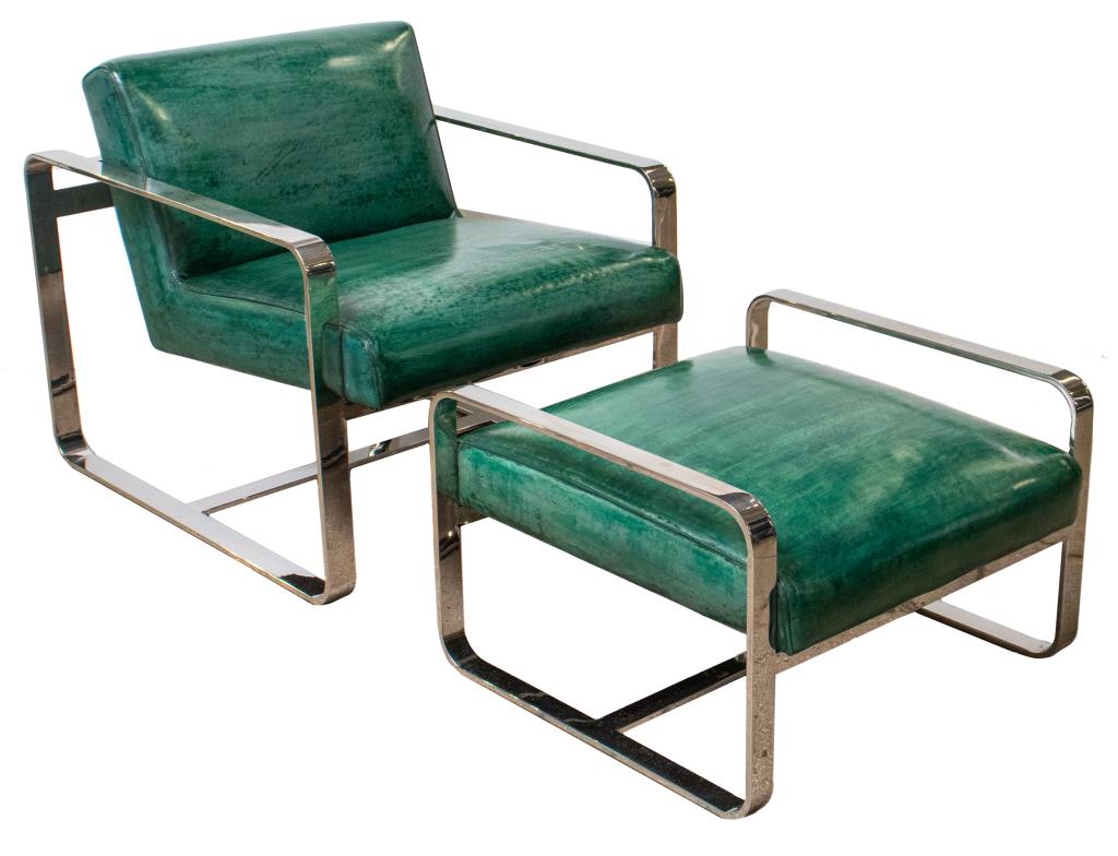 Appraisal: BAUGHMAN ATTR LEATHER LOUNGE CHAIR OTTOMAN Milo Baughman attributed mid-century