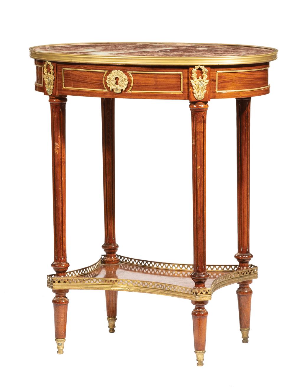 Appraisal: Louis XVI-Style Bronze-Mounted Side Table inset marble top fluted tapering