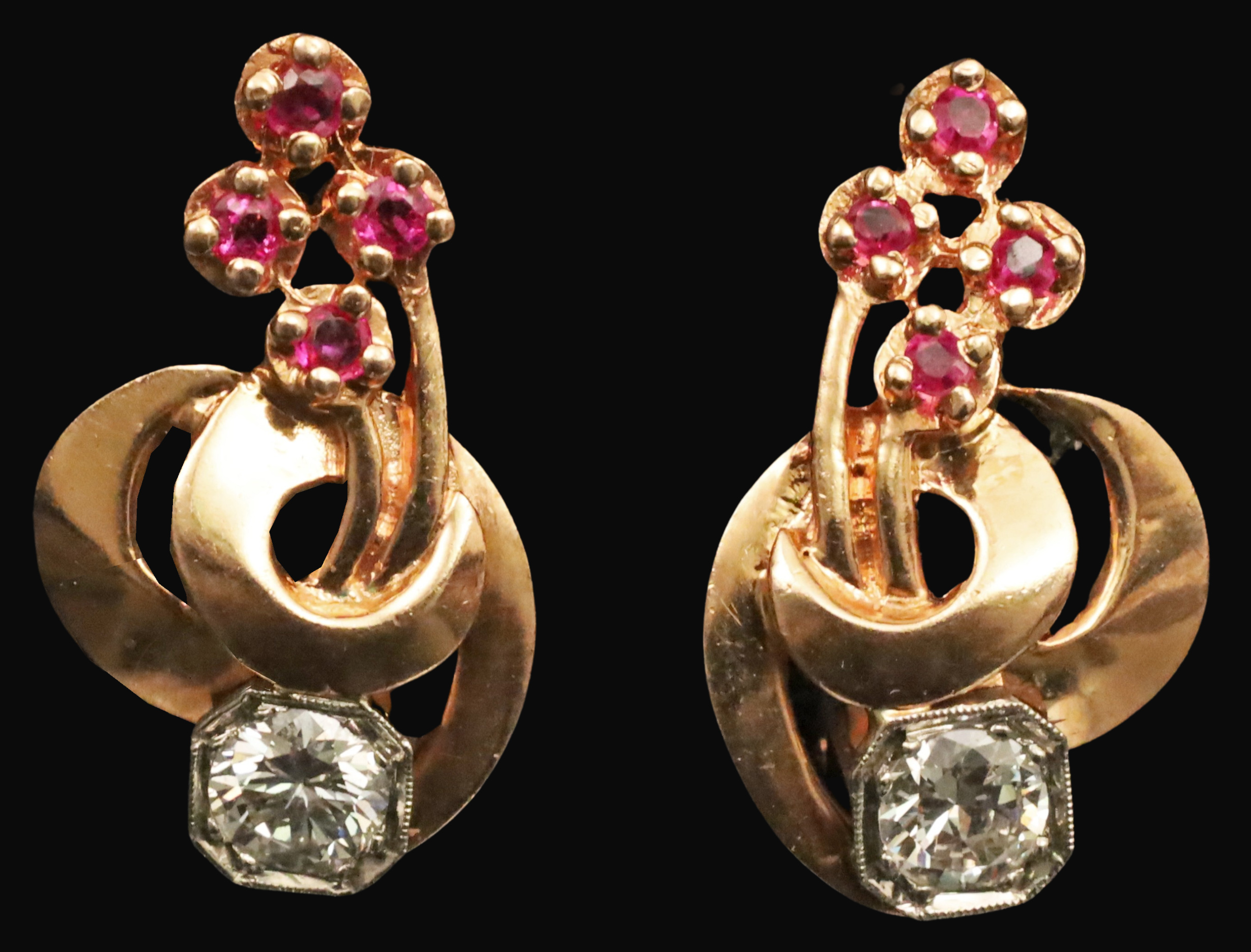 Appraisal: PR K ROSE GOLD DIAMOND RUBY EARRINGS Pair of K