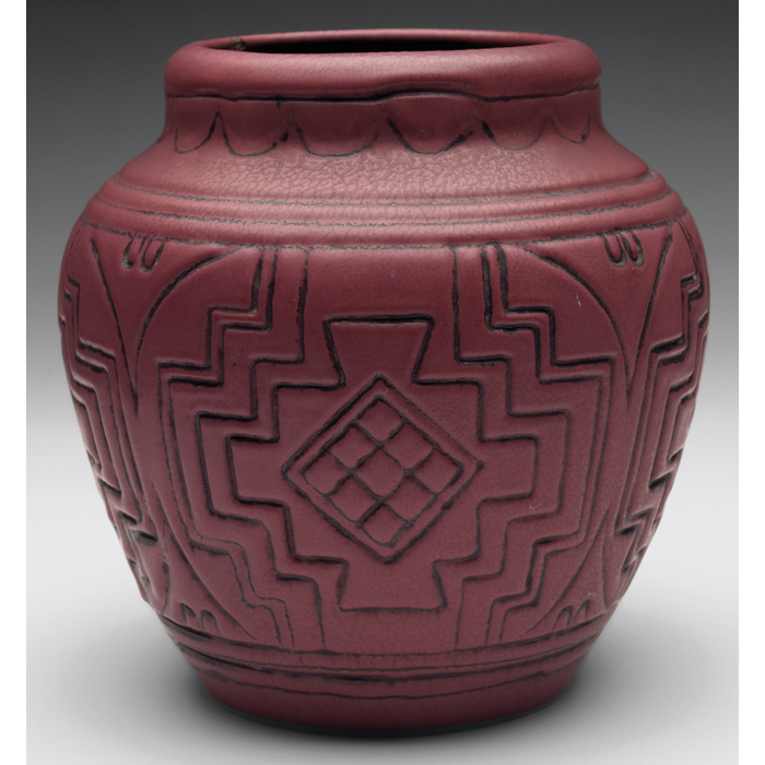 Appraisal: Weller vase shouldered shape withgeometric designs covered in a mottledred