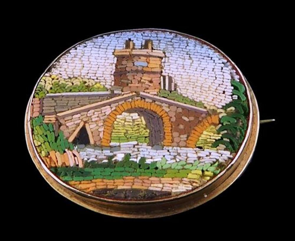 Appraisal: JEWELRY K Antique Micromosaic Pin with bridge design tested K