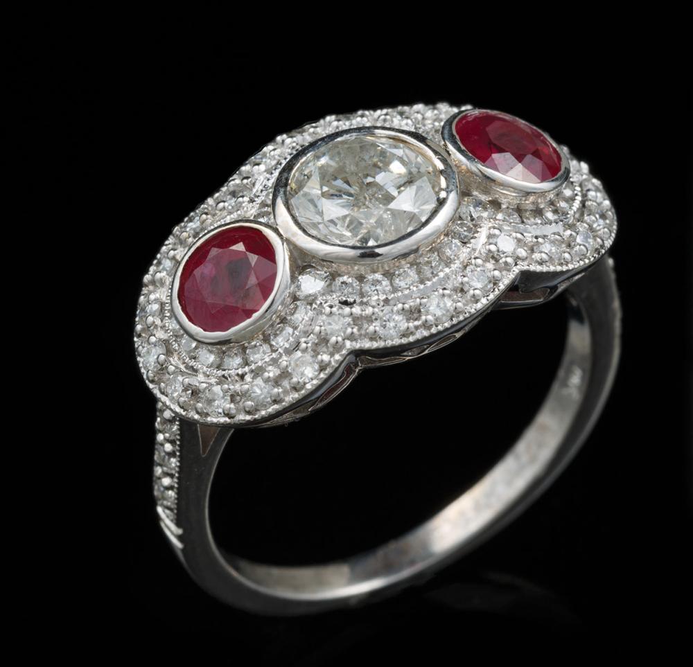 Appraisal: kt White Gold Diamond and Ruby Ring center bezel set