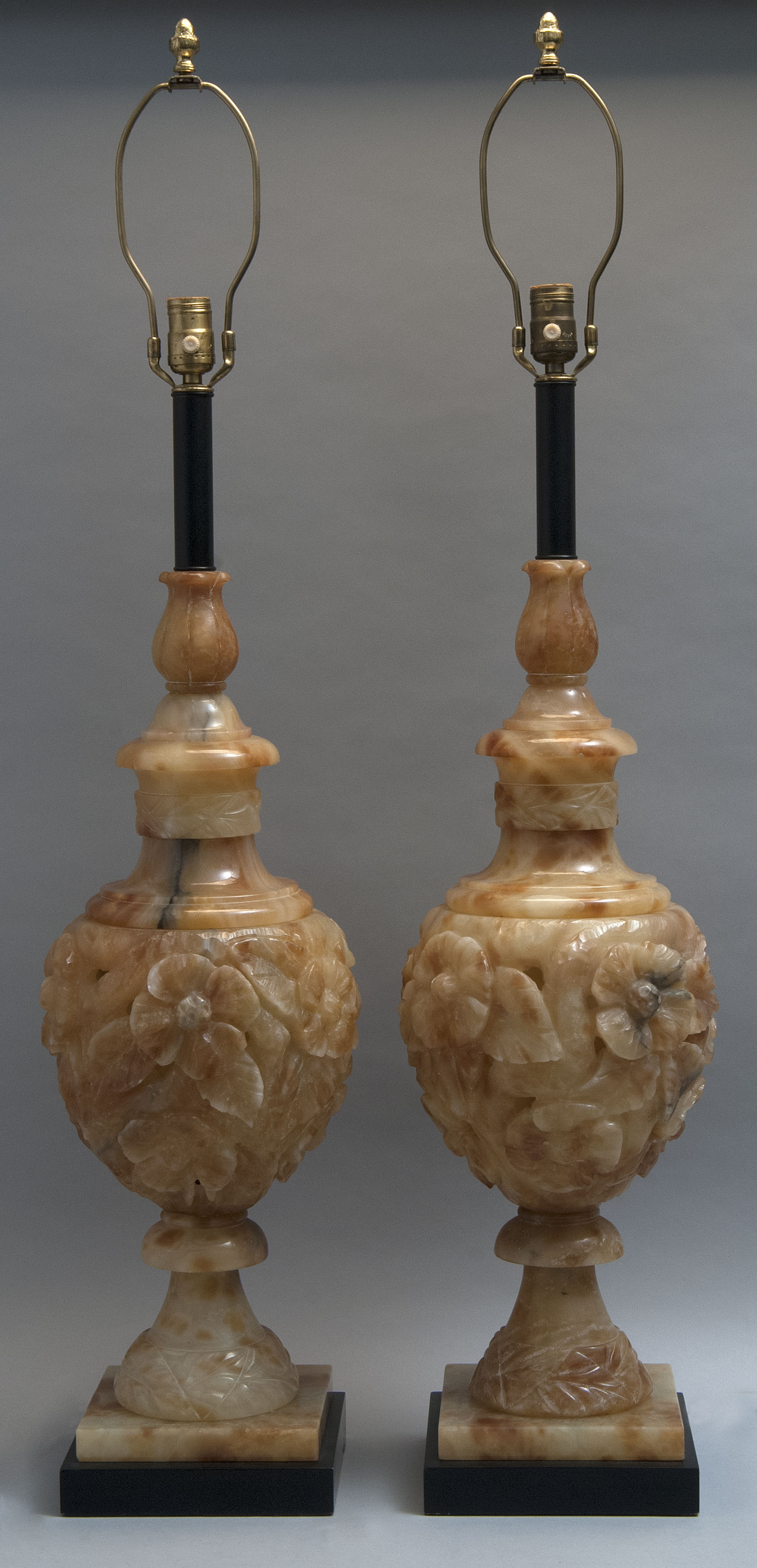 Appraisal: PAIR OF CARVED SOAPSTONE TABLE LAMPS Mid- th CenturyEach urn