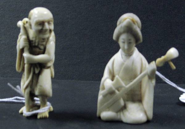 Appraisal: Two Japanese style miniature ivory figures Including a pieced ivory