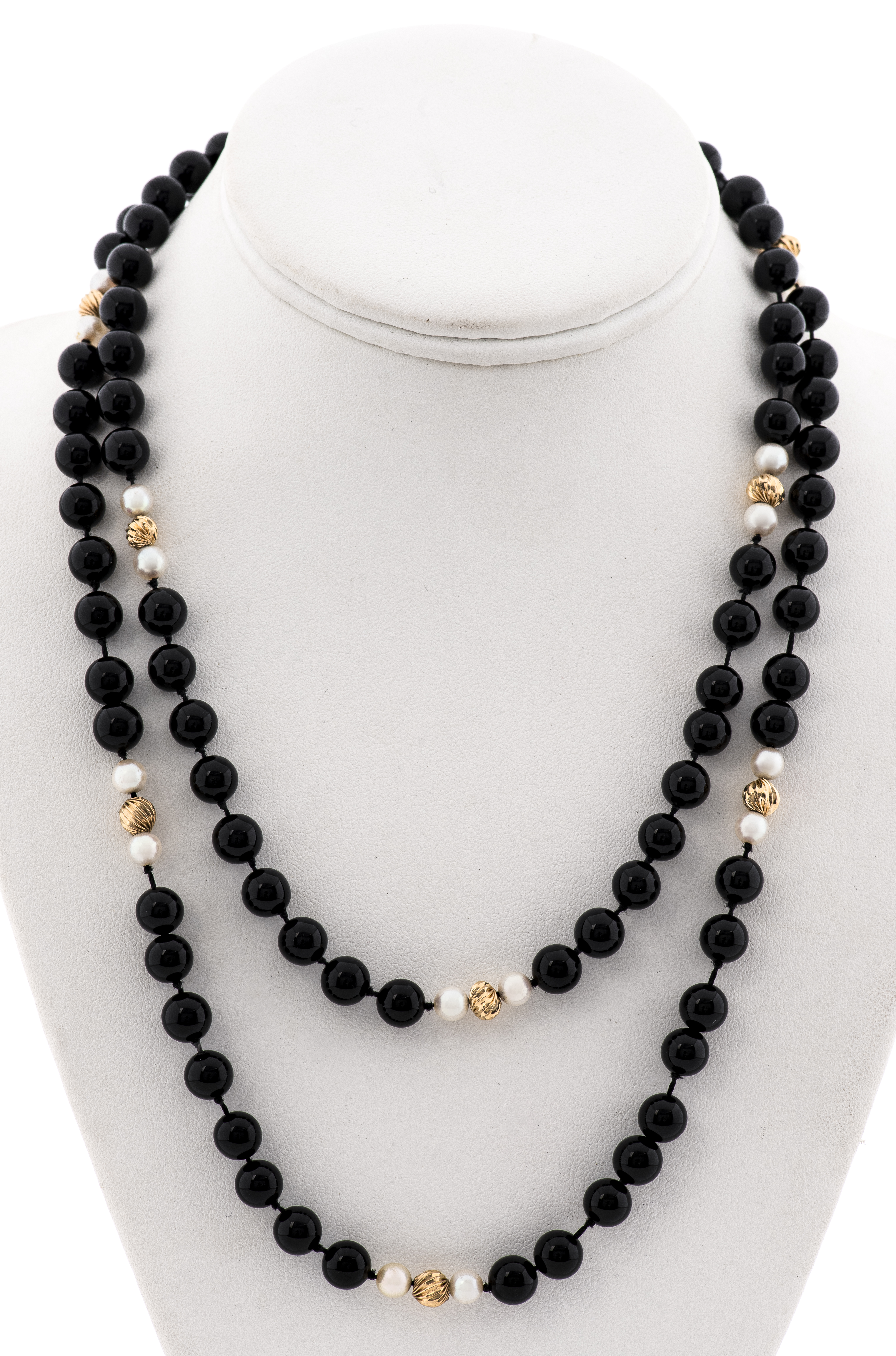 Appraisal: K YELLOW GOLD ONYX PEARL BEADED NECKLACE Vintage K yellow