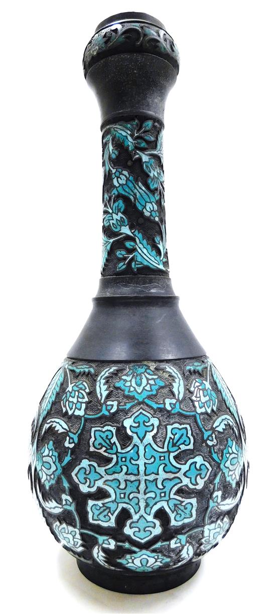 Appraisal: ASIAN Large champlev vase black ground with aquamarine and pale