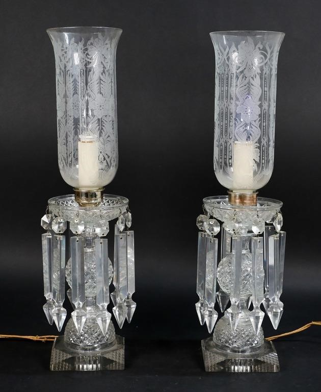 Appraisal: PAIR OF ELECTRIFIED LUSTER LAMPSLamps tested and working Metal collar