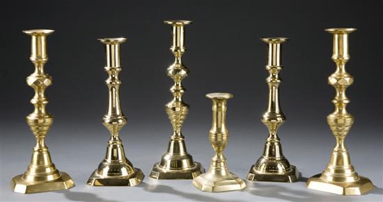 Appraisal: Group of six brass candlesticks th early th century Pair