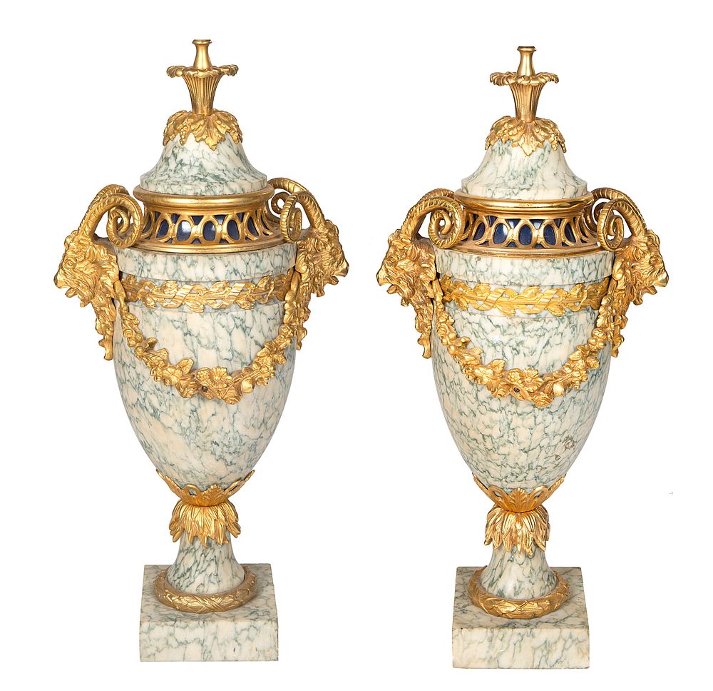 Appraisal: A PAIR OF FRENCH LOUIS XVI STYLE ORMOLU-MOUNTED MARBLE URNS