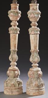 Appraisal: Pair of Large Polychromed Wood Candlestick Lamps th c probably