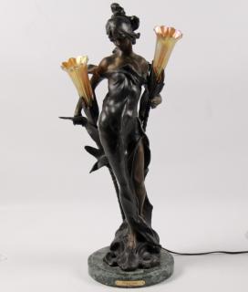 Appraisal: ART NOVEAU BRONZE FIGURAL LAMP WITH QUEZAL TYPE SHADE WITH