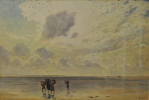 Appraisal: J Aitken - mussel gatherers in an extensive beach scene